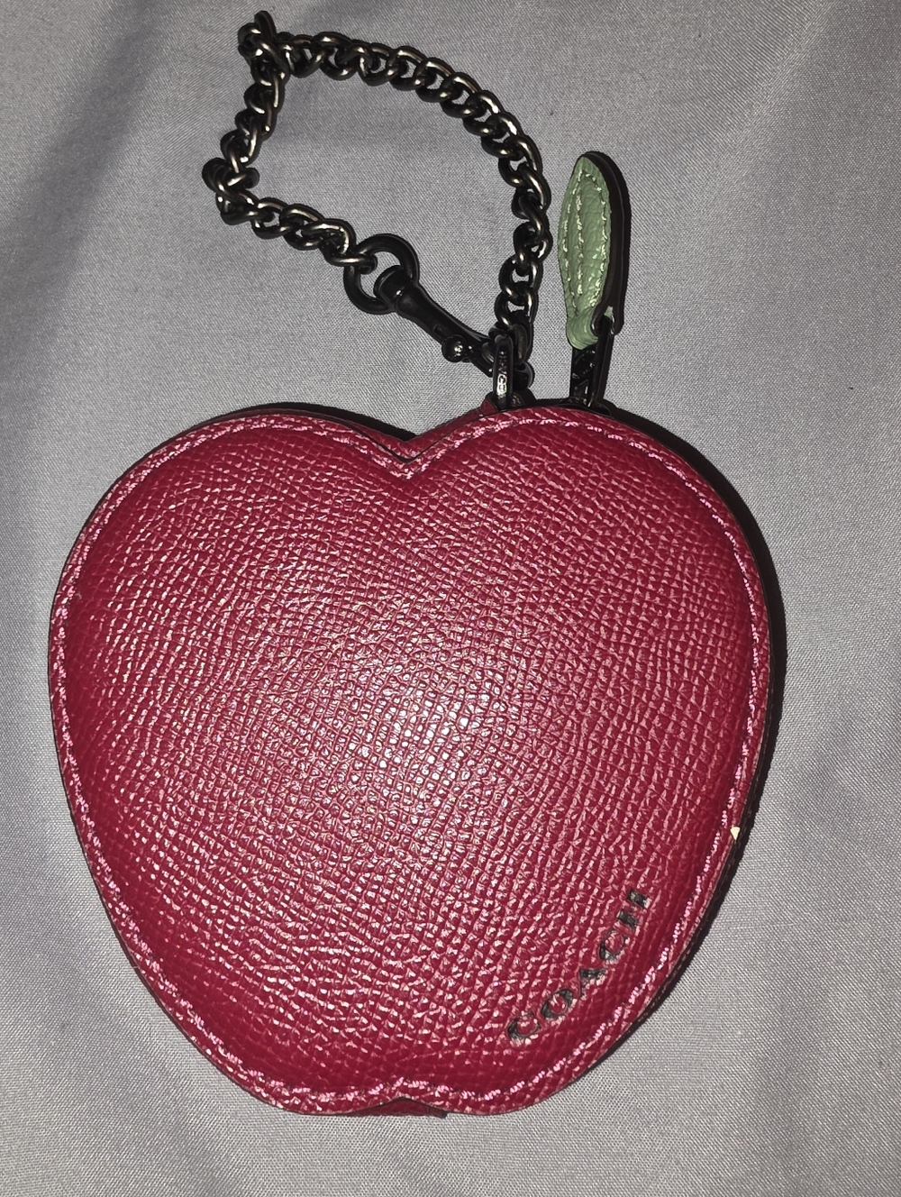 Coach "Big Apple" Coin Purse Keychain in Red with Green Leaf Zip Tab
